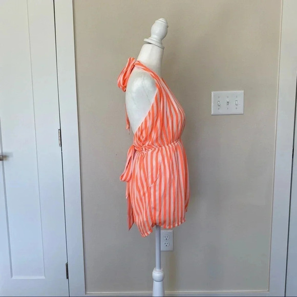 CALS Orange and White Stripped Romper Shorts with Pockets and Plunging V Neck S - Picture 3 of 13